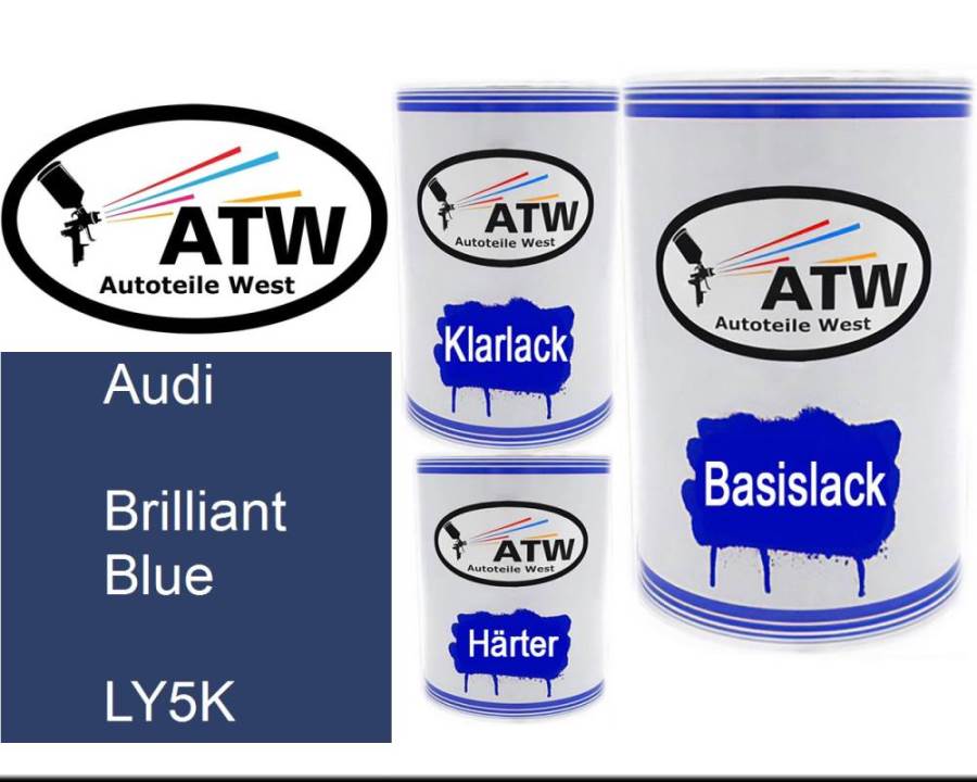 Audi, Brilliant Blue, LY5K: 500ml Lackdose + 500ml Klarlack + 250ml Härter - Set, von ATW Autoteile West.